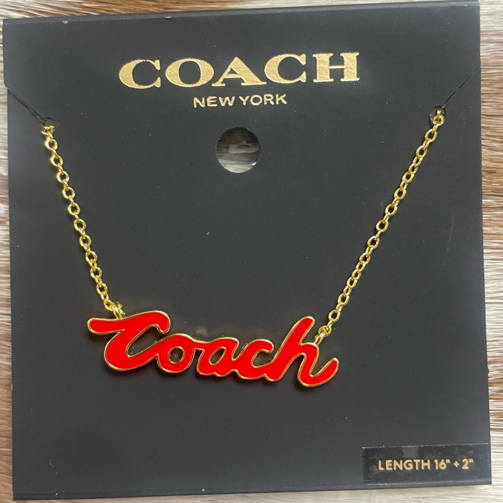 Coach Red Script Logo Necklace - Gold Chain *nwt